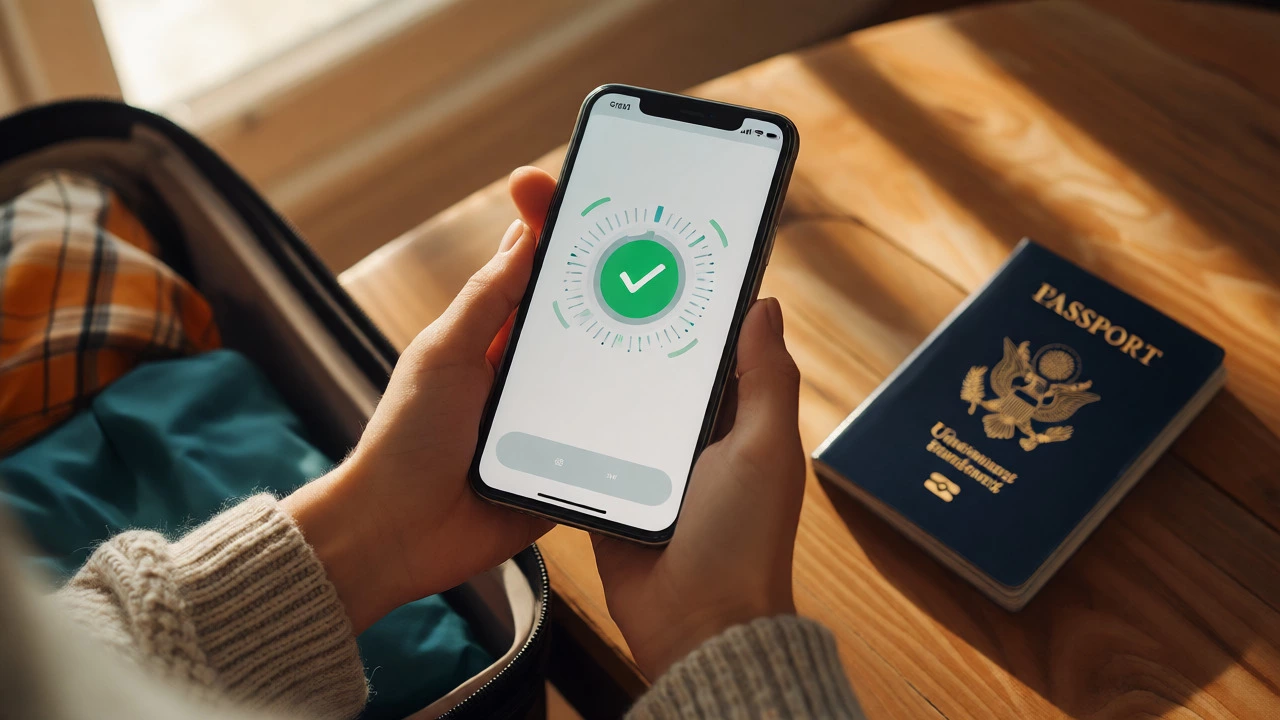 Hands using smartphone app to scan passport for travel authorization.