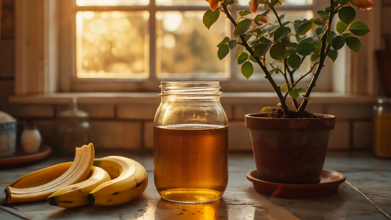 Jar of banana peel tea next to a blooming rose bush on a kitchen counter