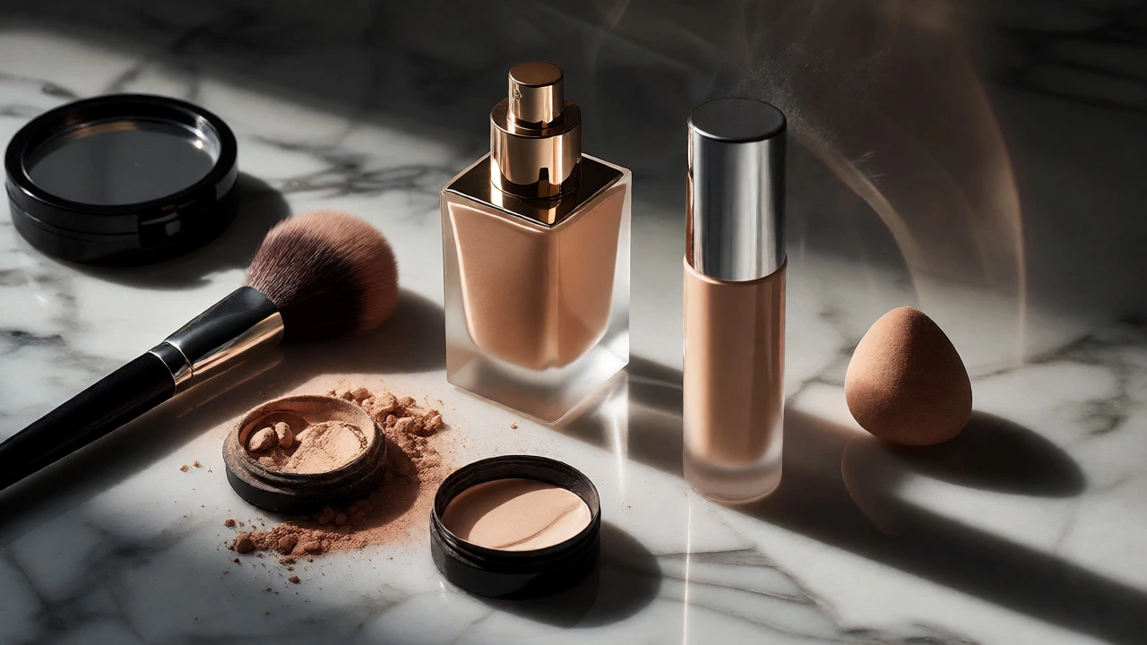 Luxury and drugstore makeup products arranged on marble