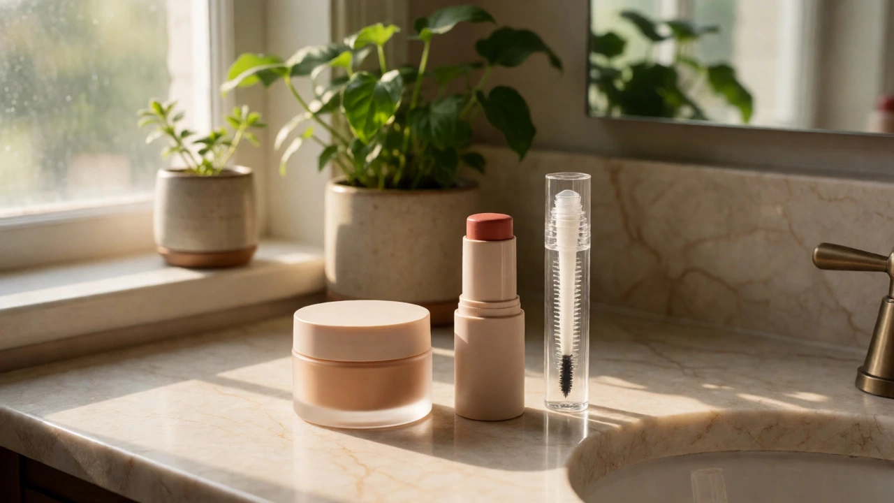 Minimalist arrangement of clean beauty products on a sunlit vanity