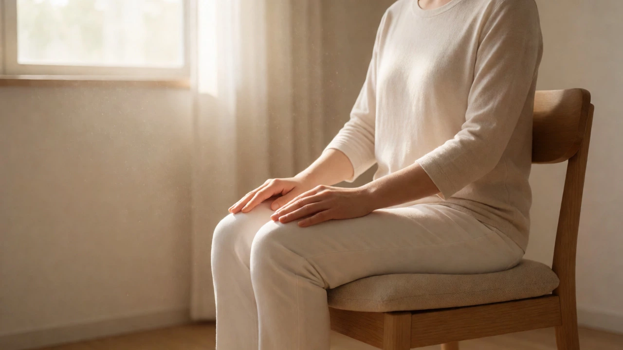 Person sitting calmly in a chair with feet flat, bathed in soft morning light.