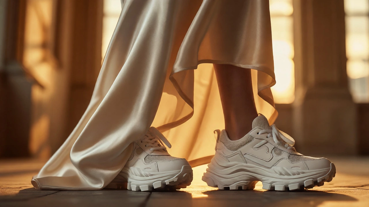 Silk slip dress paired with chunky white sneakers in warm lighting