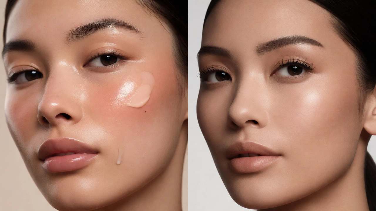 Split image comparing dewy natural makeup versus matte full coverage