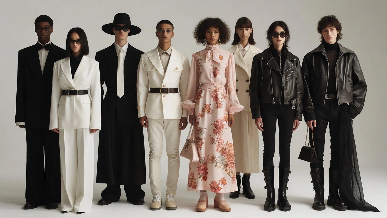 Three people modeling minimalist, romantic, and edgy fashion styles side-by-side.