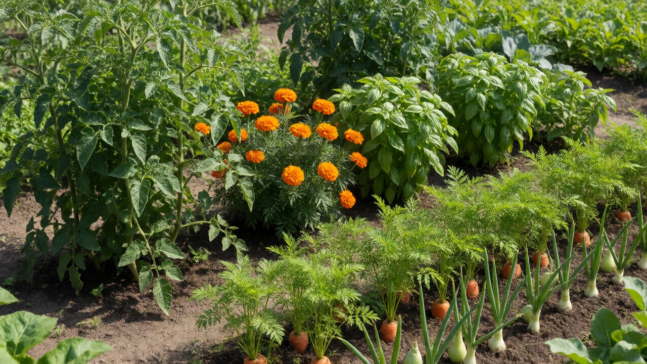 Tomatoes growing alongside marigolds and basil in a sunny vegetable patch