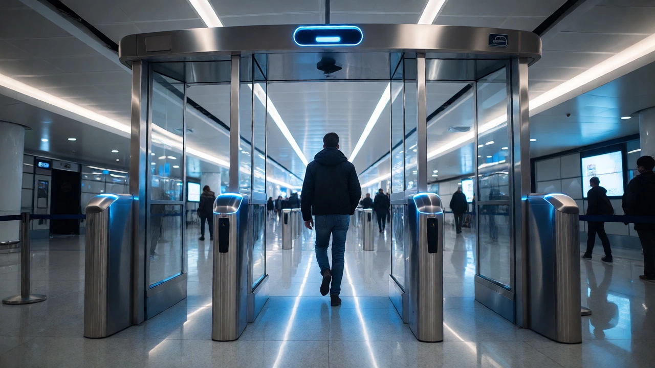 Traveler passing through automated eGates at UK airport arrival.