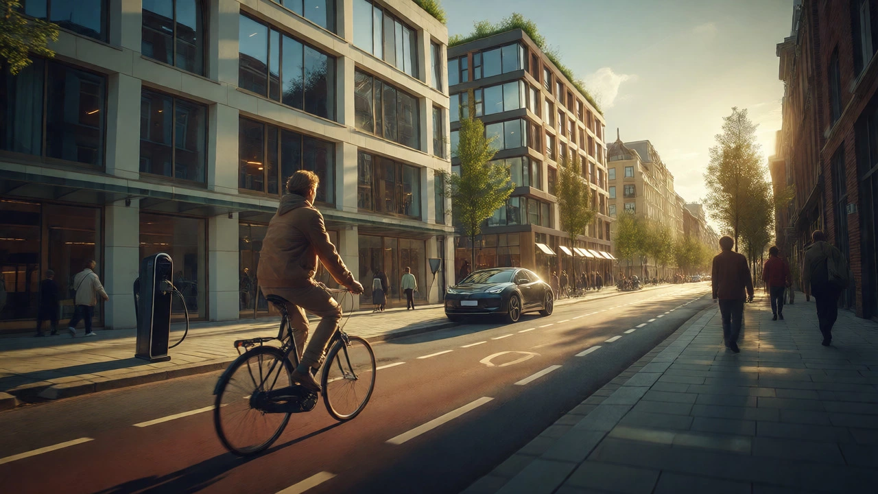 Urban street scene at golden hour featuring cyclists and an electric vehicle charging.