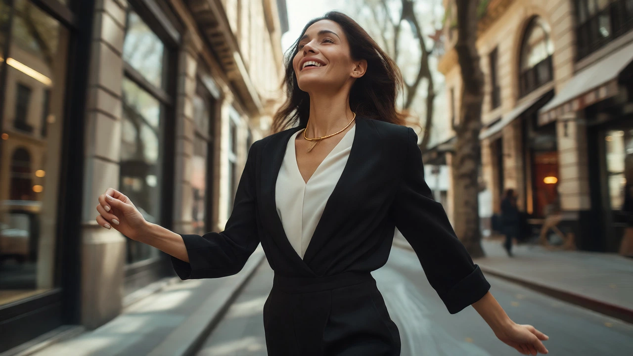 Woman walking confidently with good posture and statement jewelry