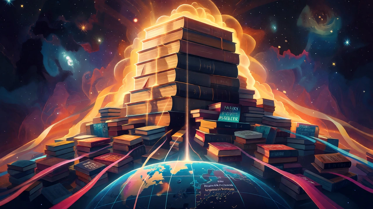 A conceptual mountain of glowing Bibles dwarfing stacks of modern books