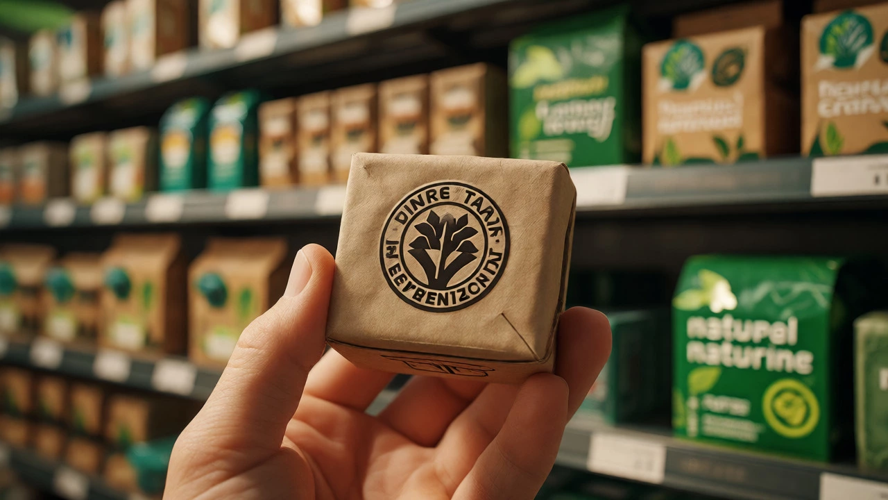 Close-up of a certified eco-friendly product label among vague marketing