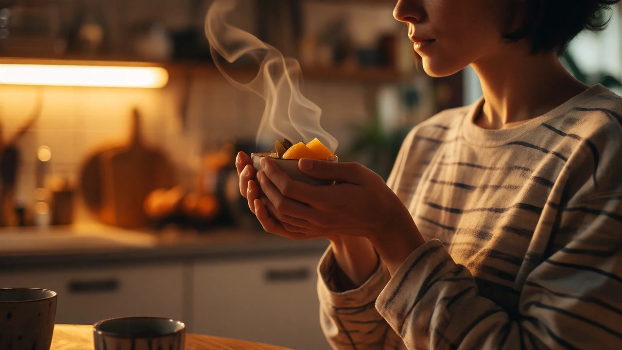 Close-up of mindful eating with warm, sensory-focused lighting