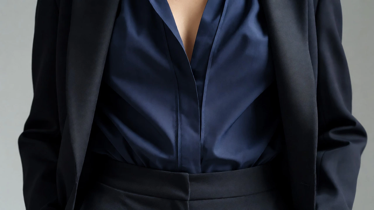 Close-up of structured navy top and open blazer