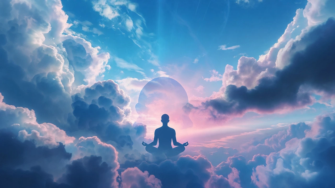 Conceptual art of a meditating figure within a cloudy blue sky