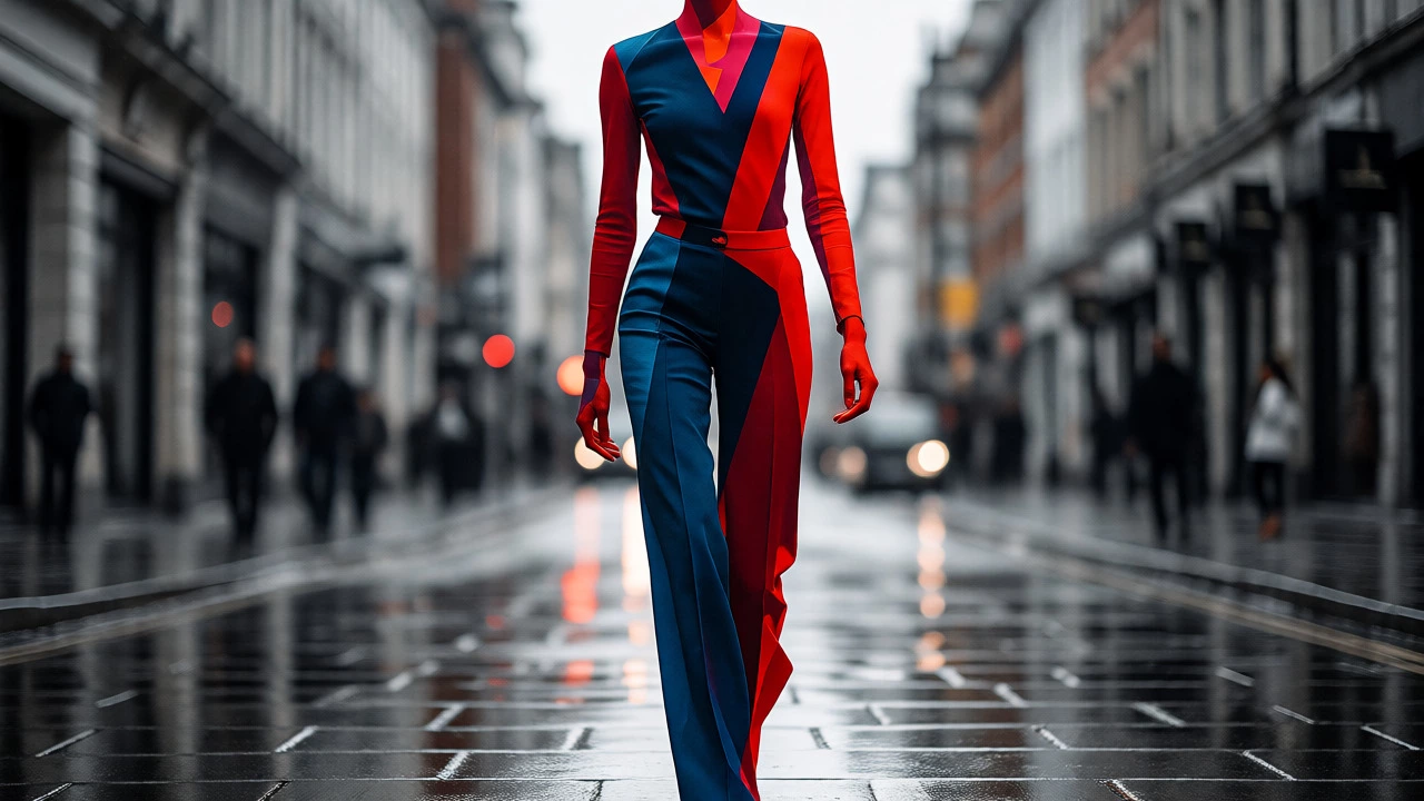 Confident figure walking in tailored clothes with abstract shape overlays.