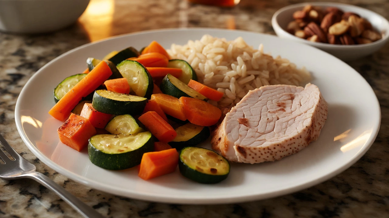 Dinner plate divided by the healthy eating plate method