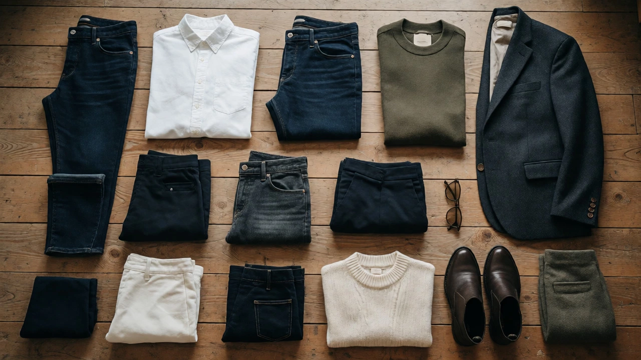 Flat lay of a minimalist capsule wardrobe with neutral basics.