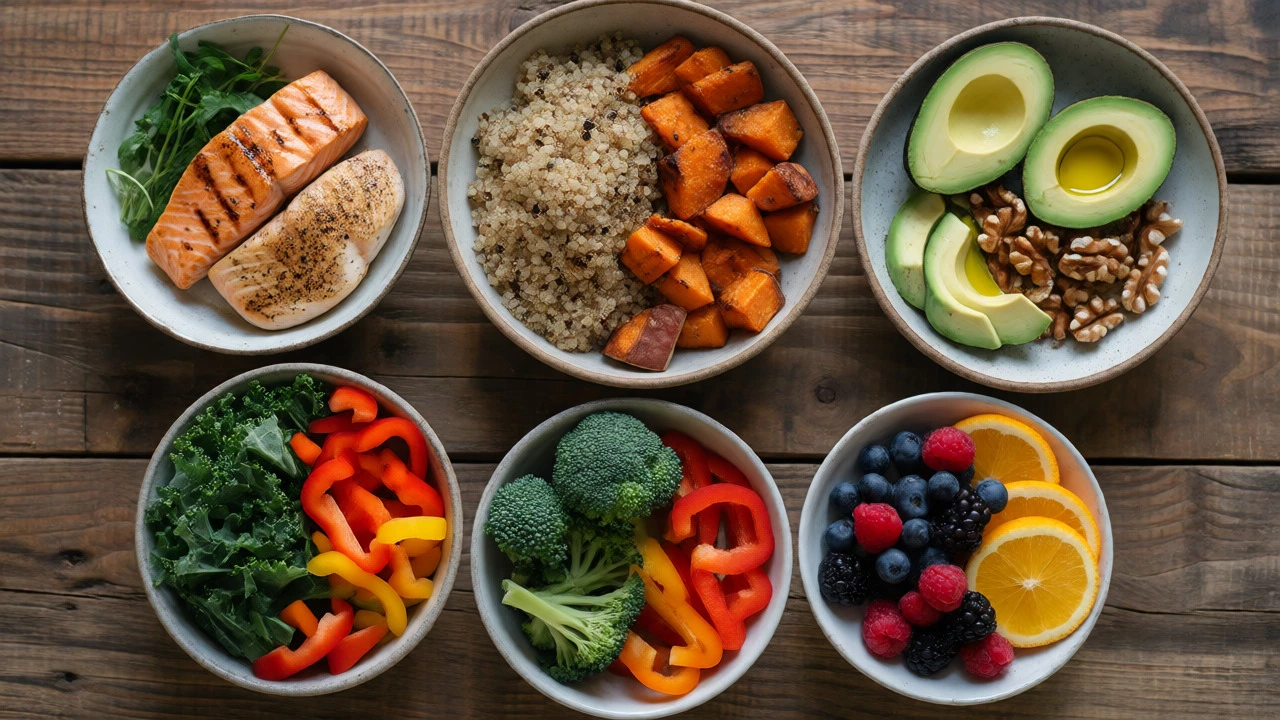 Flat lay of five bowls containing different food groups