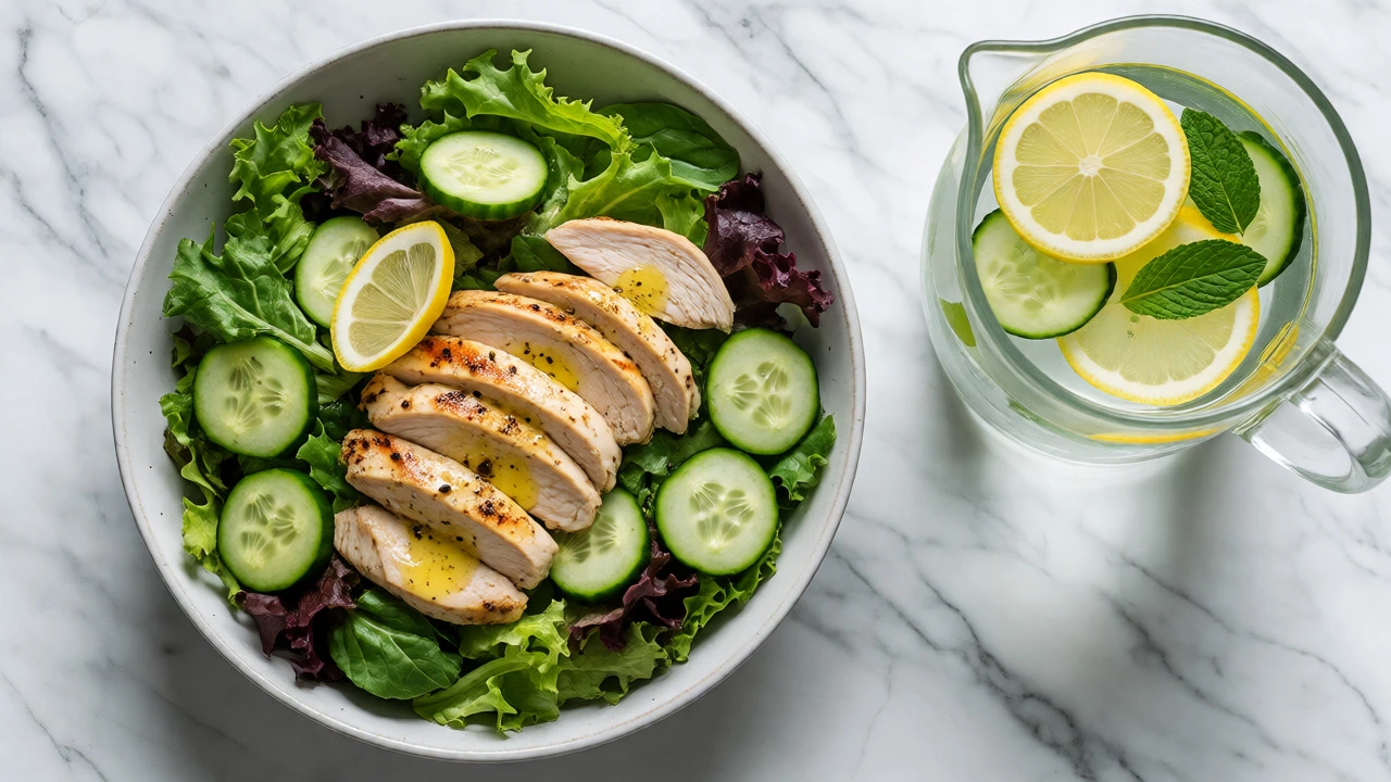 Green salad with chicken and lemon-infused water