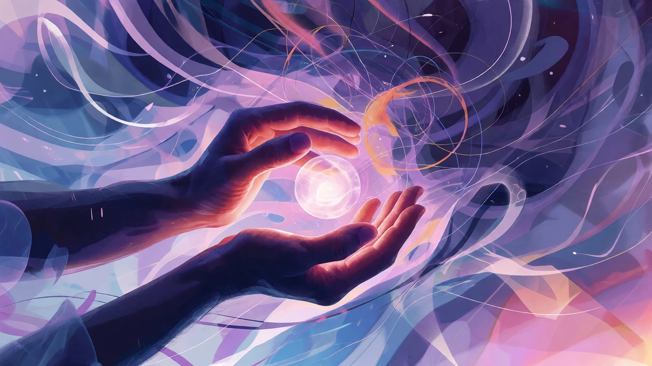 Hands holding glowing orb amid chaotic swirls