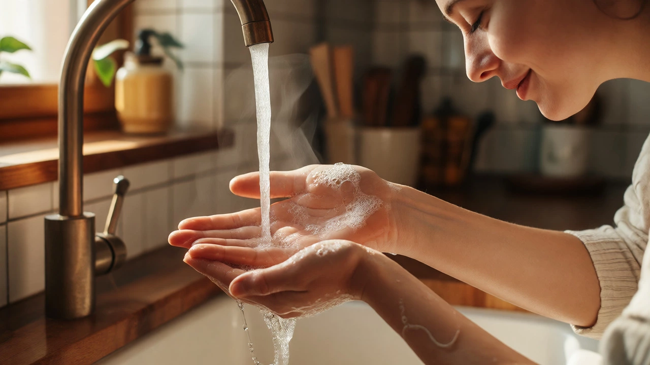 Hands washing dishes mindfully with warm soapy water
