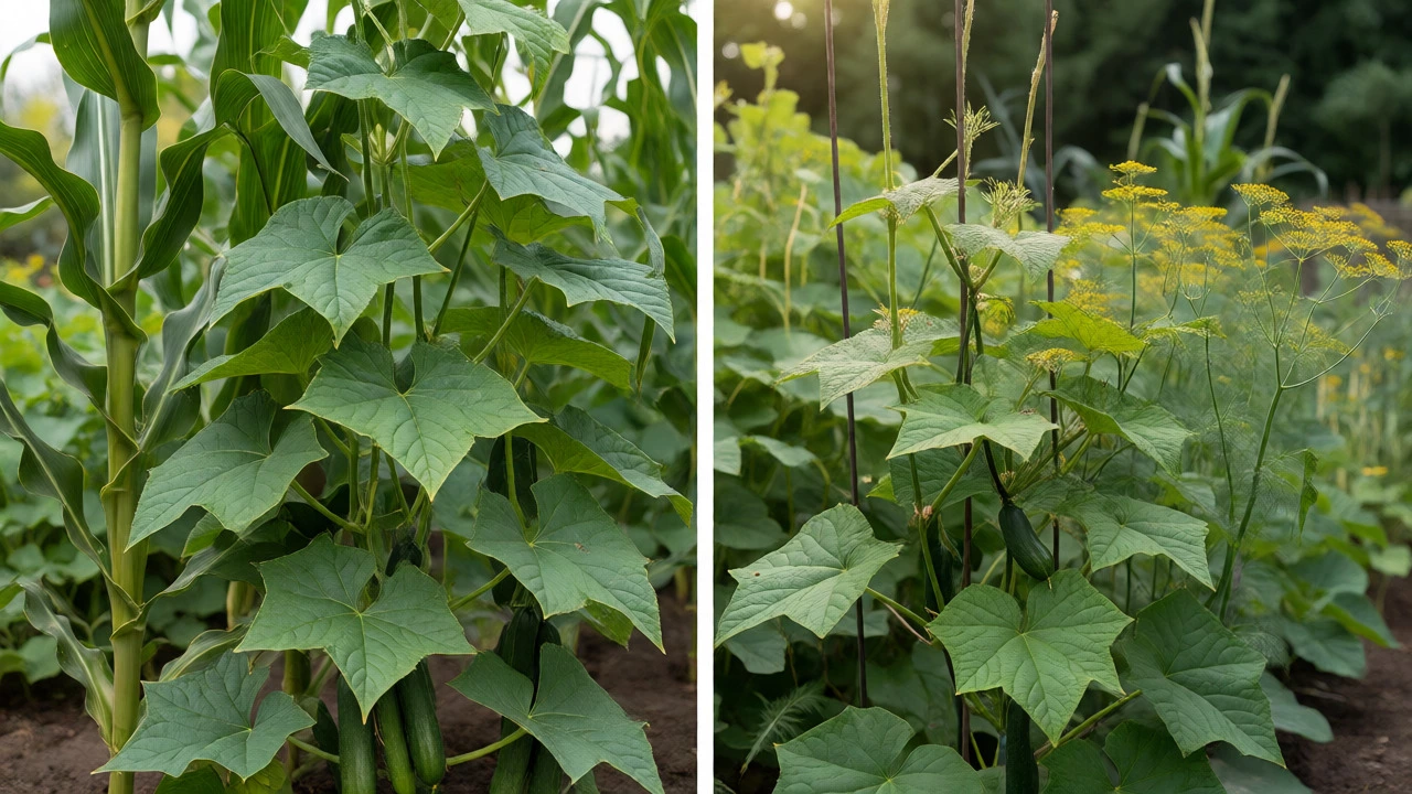 Healthy cucumbers climbing corn stalks with beans and dill as companions
