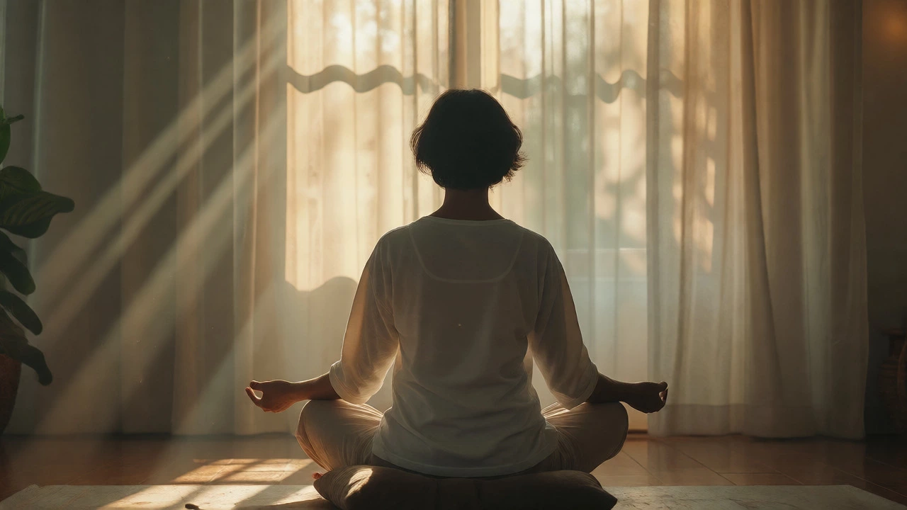 Individual meditating peacefully in sunlit room