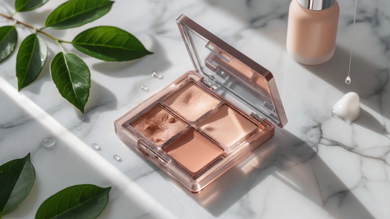 Macro shot of e.l.f. makeup palette with natural elements on marble