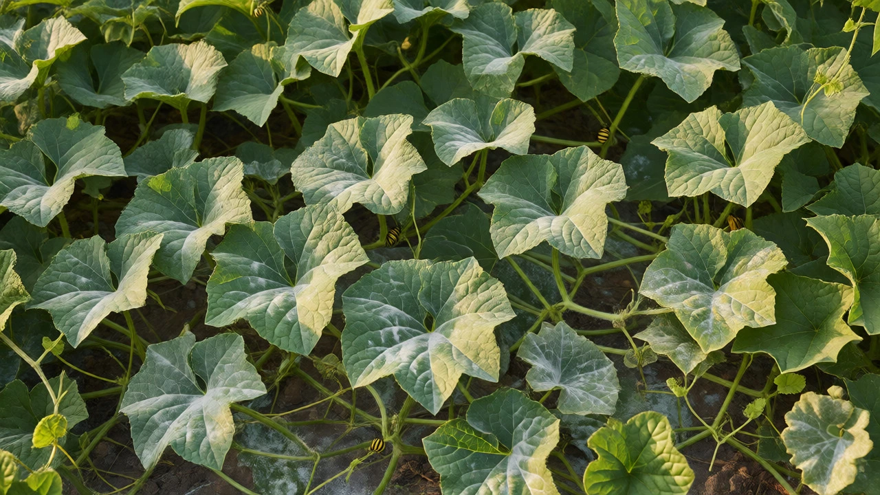 Melon and cucumber vines covered in powdery mildew due to poor airflow