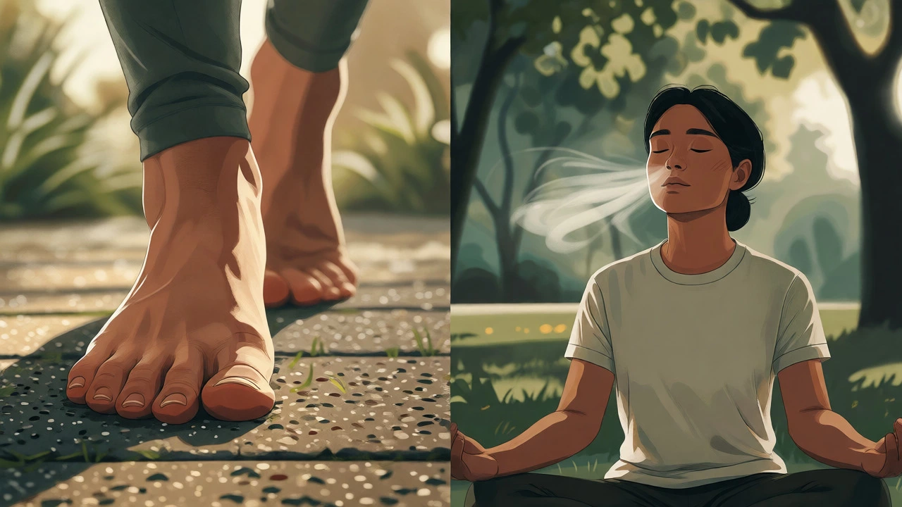 Mindful walking and breathing exercises grounding a person in nature