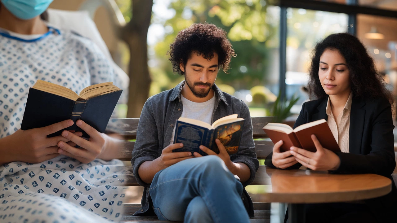 People reading Bibles, novels, and self-help books in various settings
