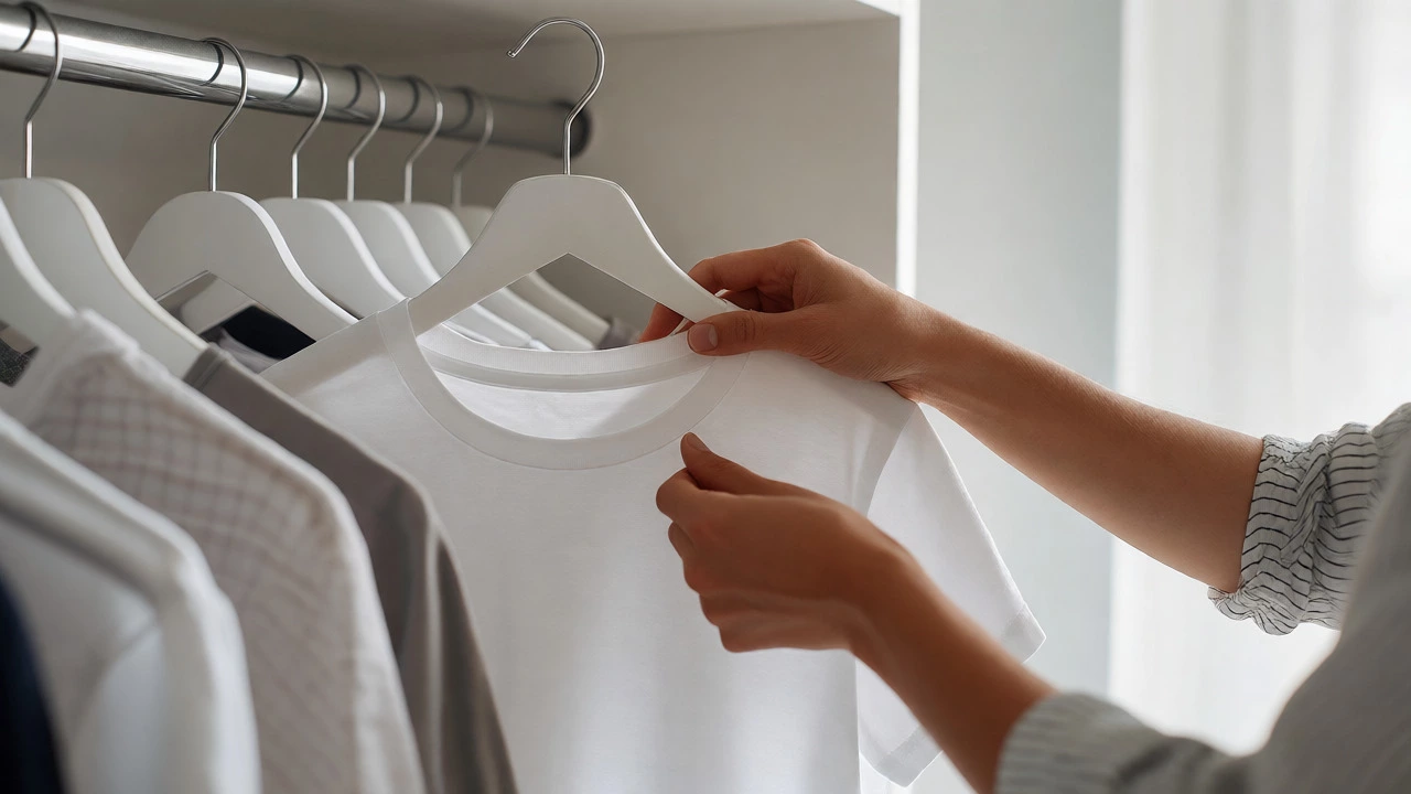 Person holding a shirt in a bright closet, practicing intentional selection
