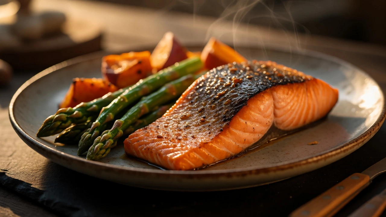 Roasted salmon with asparagus and sweet potato
