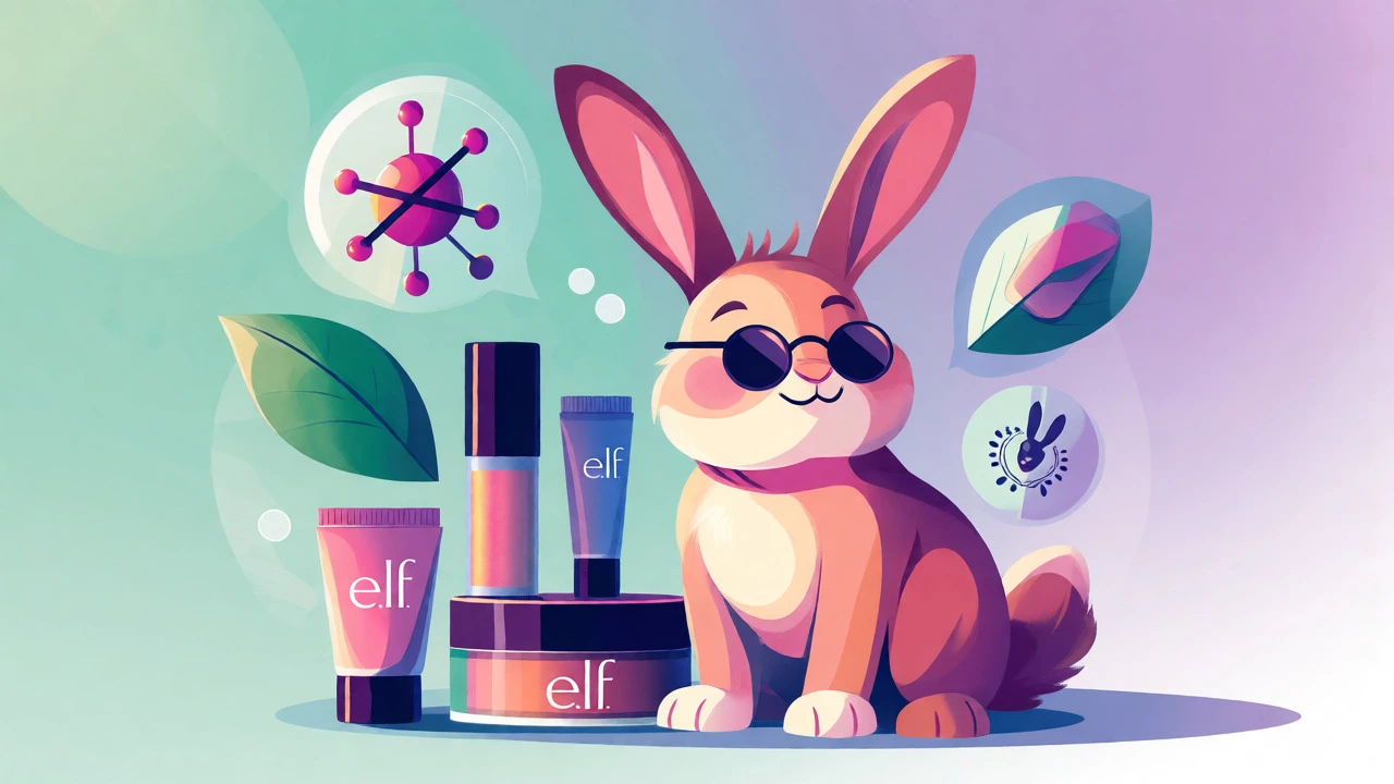 Stylized illustration of a rabbit with e.l.f. cosmetics and clean beauty icons