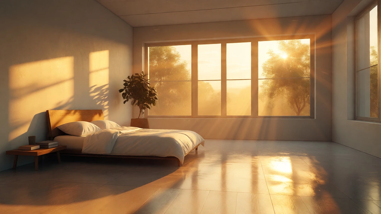 Sunlit minimalist bedroom with clean lines and open space