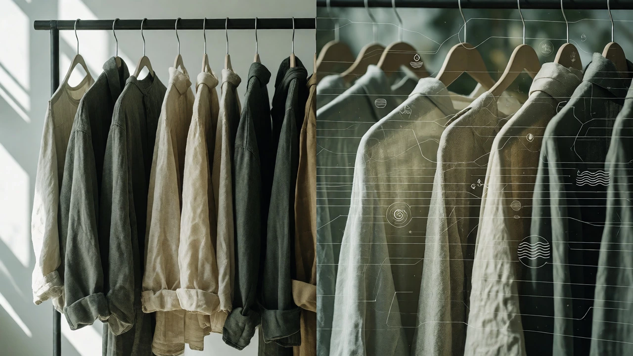 Sustainable clothing rack with abstract data overlays showing environmental impact metrics.