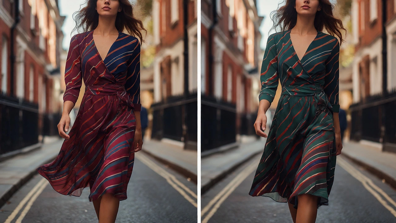 Woman in wrap dress walking on city street